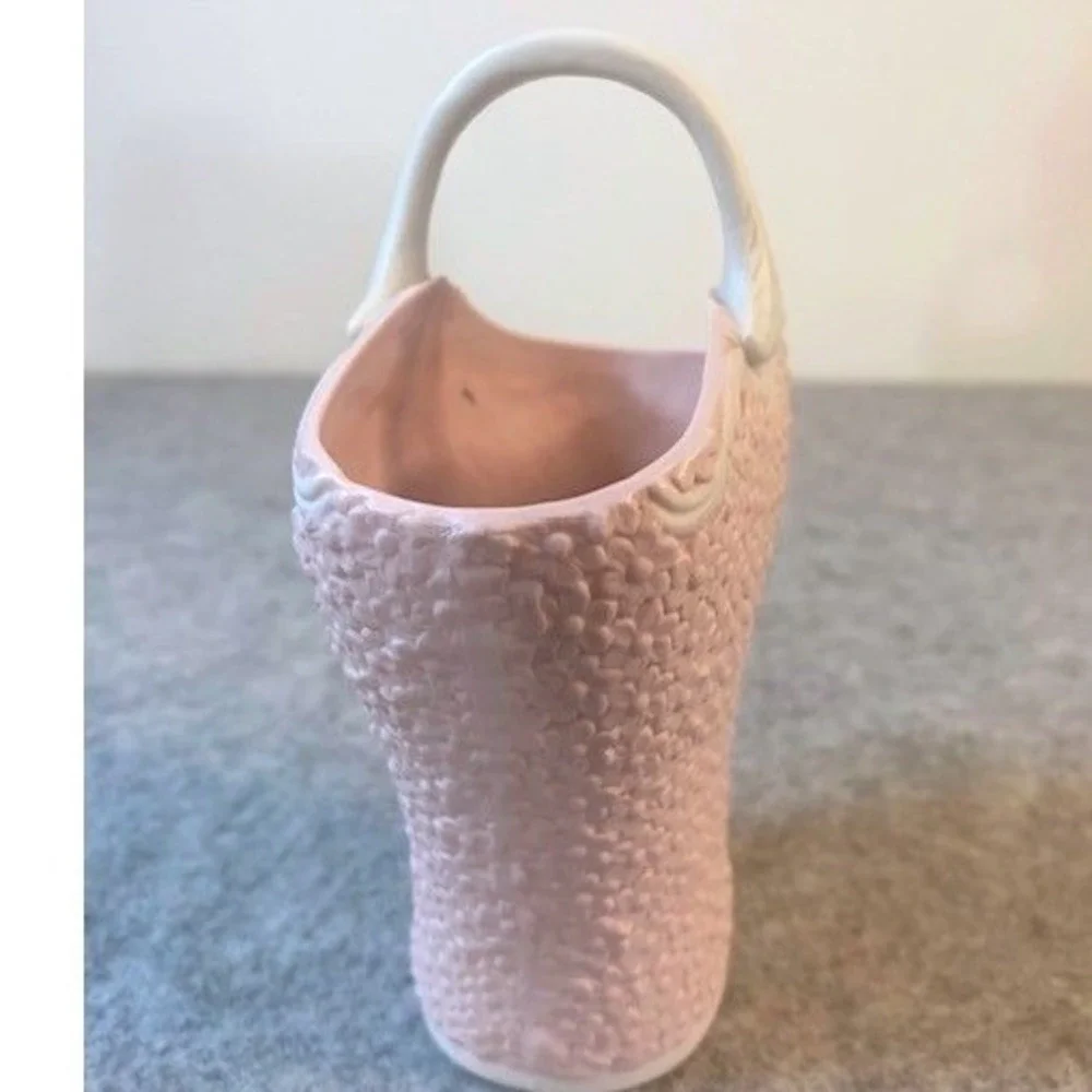 Ucagco Pink Jasperware‎ Style Porcelain Cameo Basket Vase ** VINTAGE 1950'S